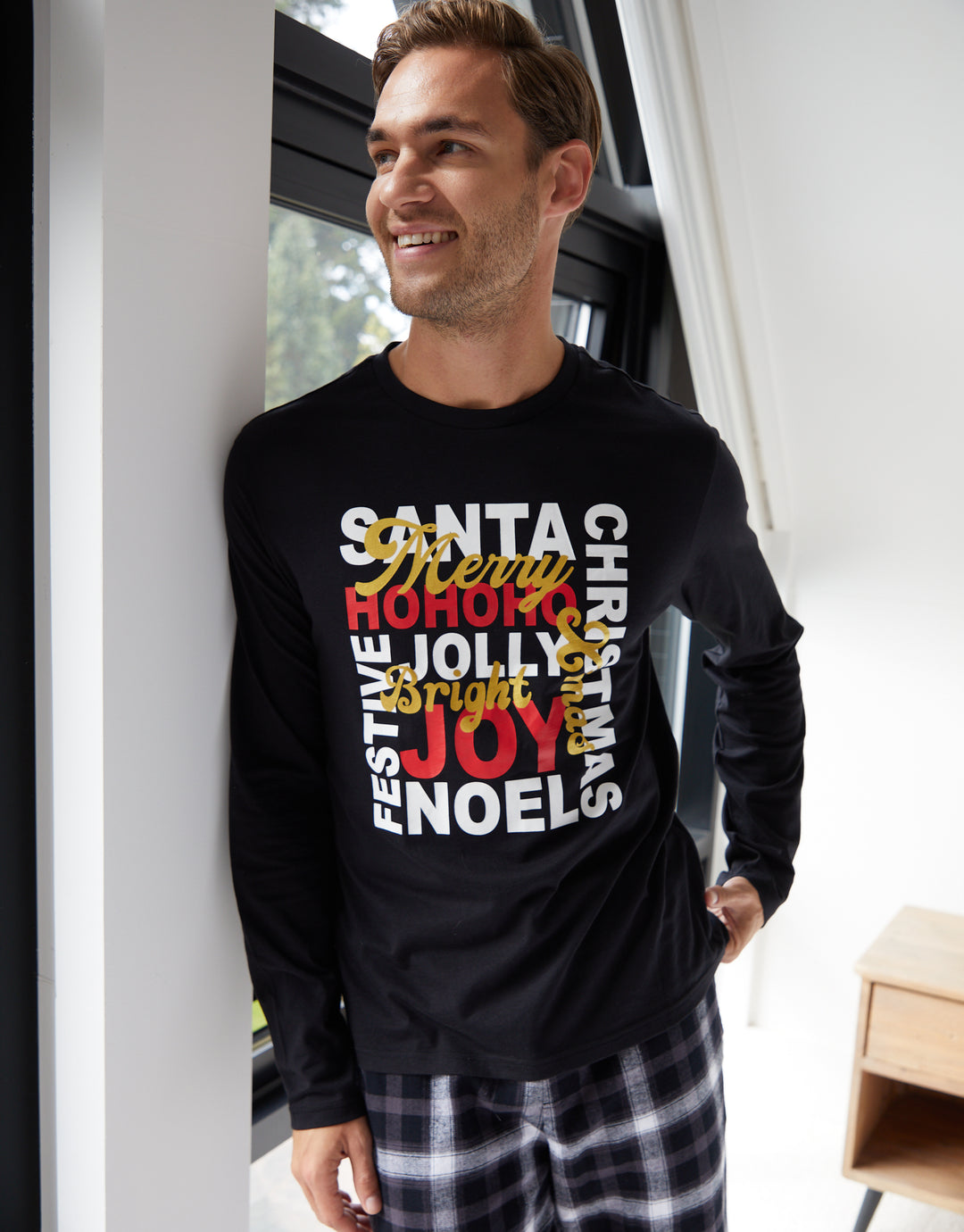 Black Christmas Slogan Graphic Long Pyjamas (2-Piece Set)