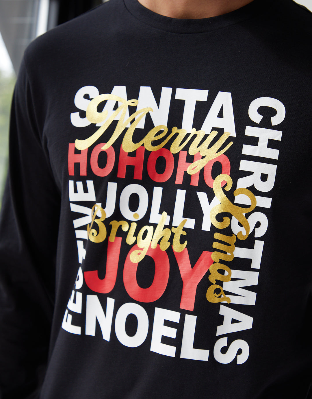 Black Christmas Slogan Graphic Long Pyjamas (2-Piece Set)