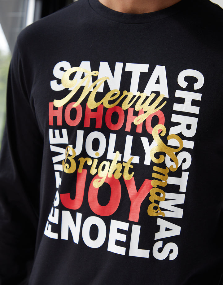 Black Christmas Slogan Graphic Long Pyjamas (2-Piece Set)