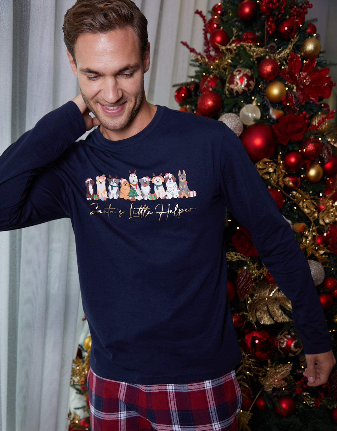 Navy Christmas Dog Graphic Print Long Pyjamas (2-Piece Set)