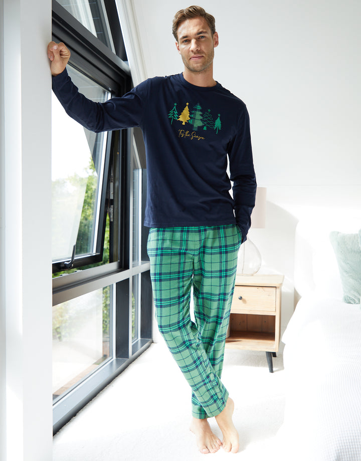 Navy Christmas Tree Graphic Print Long Pyjamas (2-Piece Set)