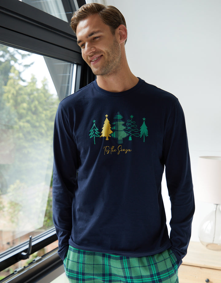 Navy Christmas Tree Graphic Print Long Pyjamas (2-Piece Set)