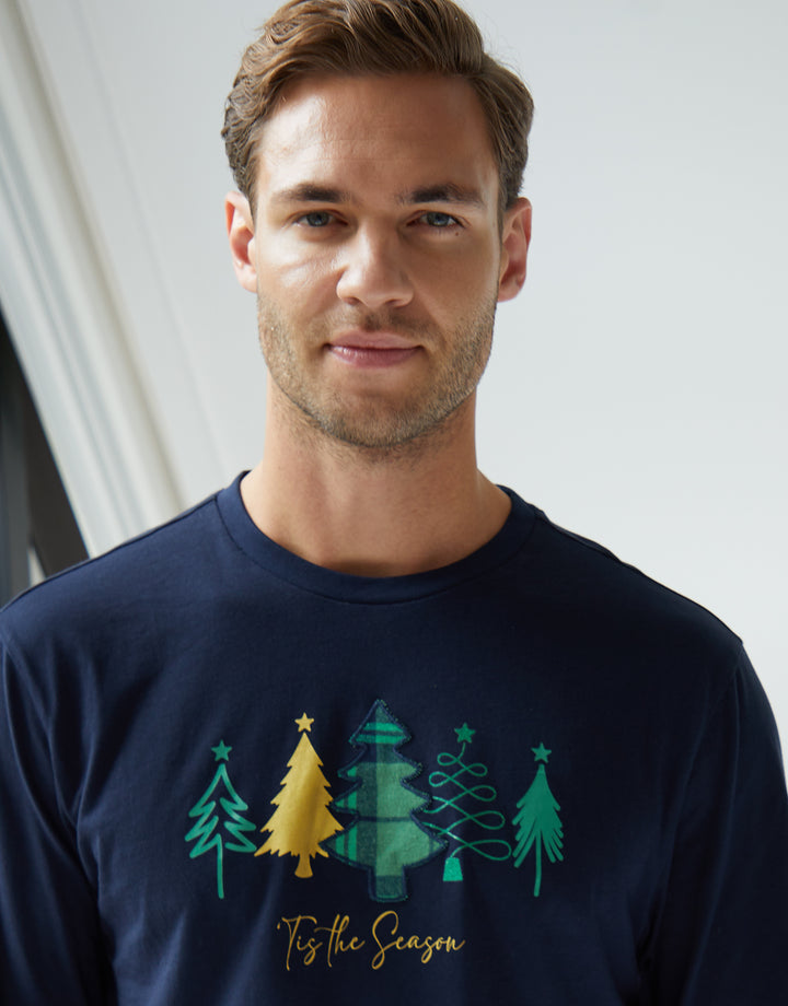 Navy Christmas Tree Graphic Print Long Pyjamas (2-Piece Set)