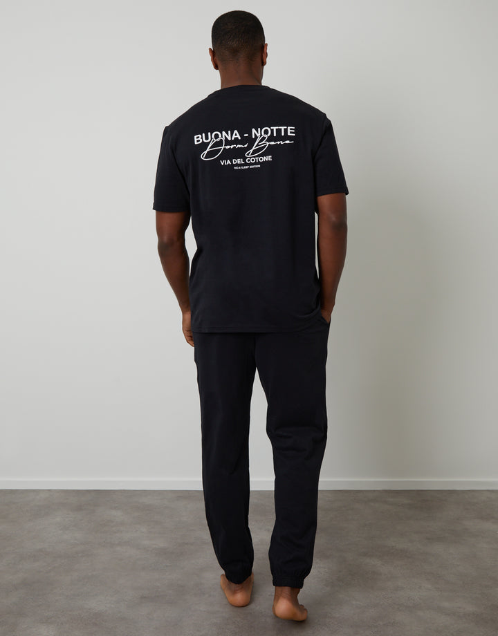 Black Peached Cotton Graphic Lounge Set (2-Piece Set)