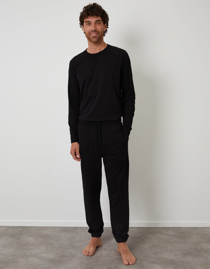 Black Peached Cotton Long Lounge Set (2-Piece Set)