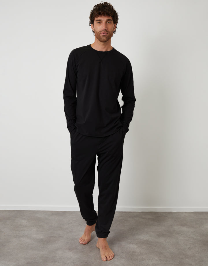 Black Peached Cotton Long Lounge Set (2-Piece Set)