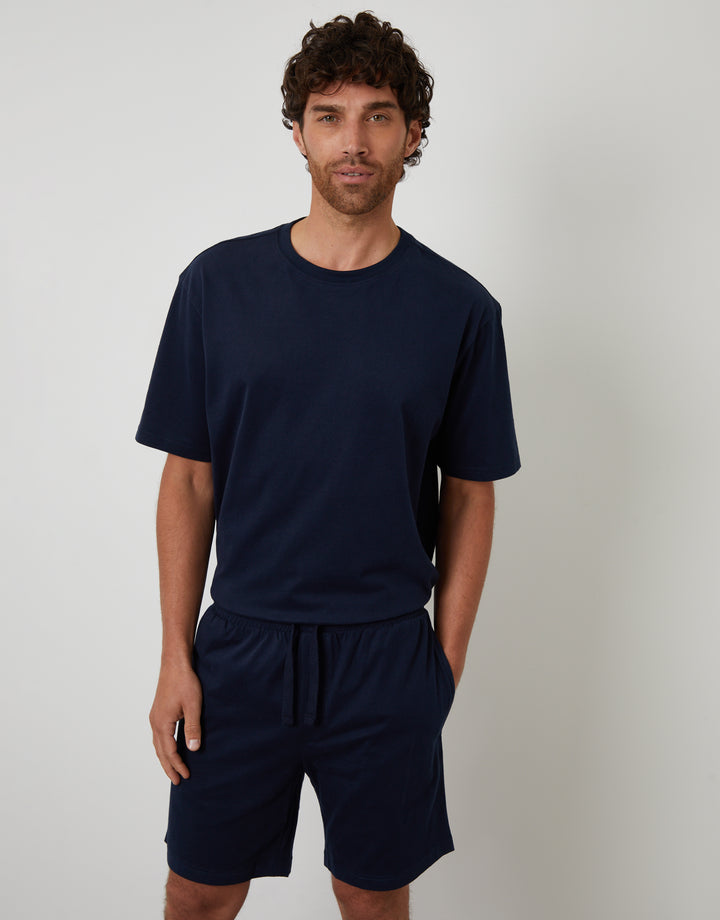 Navy Relaxed Fit Peached Cotton Shortie Lounge Set (2-Piece Set)