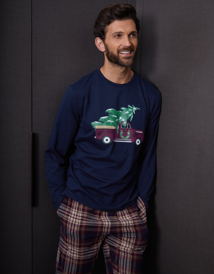 Navy Christmas Truck Graphic Long Pyjamas (2-Piece Set)