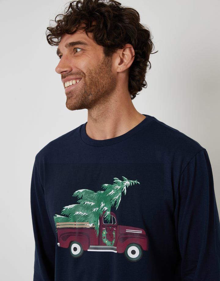 Navy Christmas Truck Graphic Long Pyjamas (2-Piece Set)