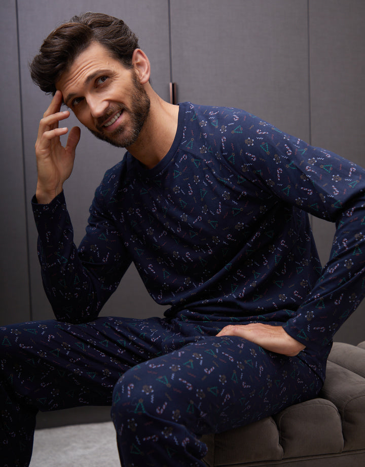 Navy Printed Christmas Long Pyjamas (2-Piece Set)