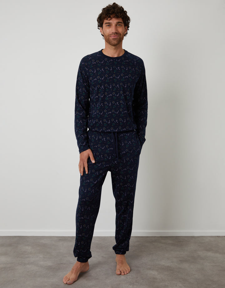 Navy Printed Christmas Long Pyjamas (2-Piece Set)