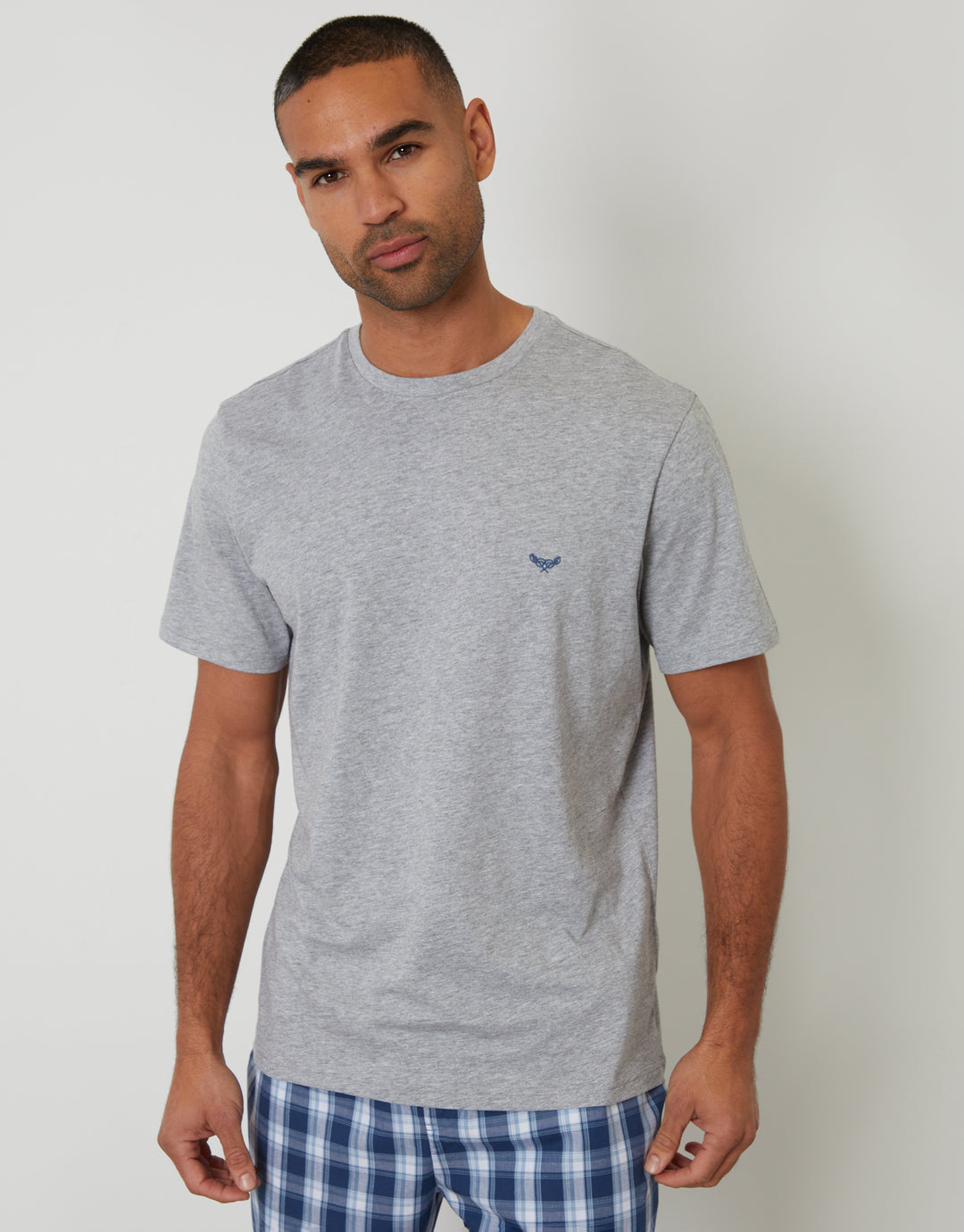 Grey Marl & Blue Check T-Shirt & Cuffed Bottoms Pyjama Set