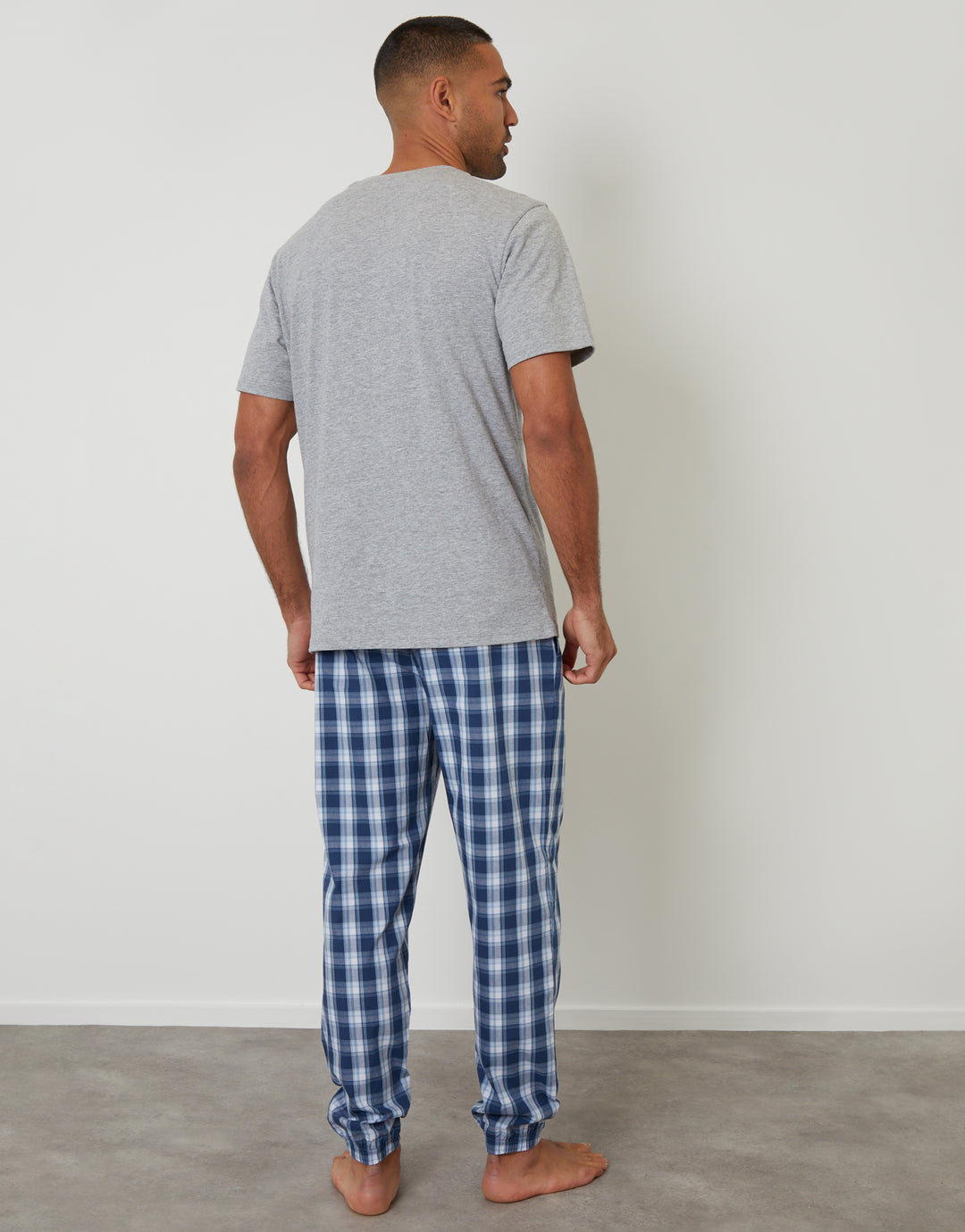Grey Marl & Blue Check T-Shirt & Cuffed Bottoms Pyjama Set