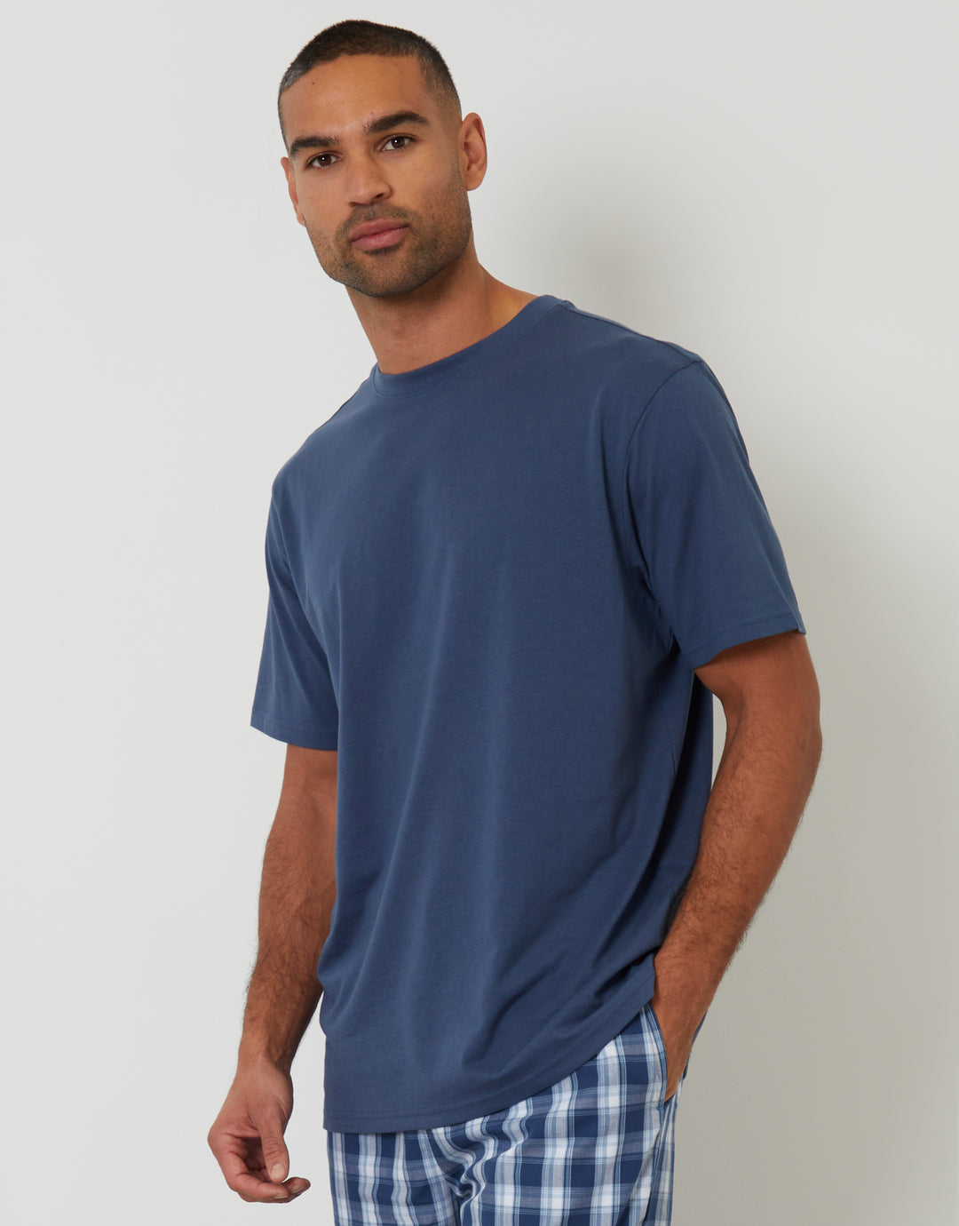 Denim Blue Check Relaxed Fit T-Shirt & Bottoms Pyjama Set