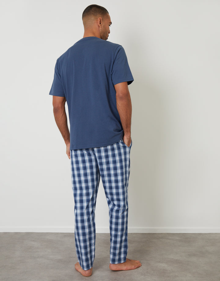 Denim Blue Check Relaxed Fit T-Shirt & Bottoms Pyjama Set