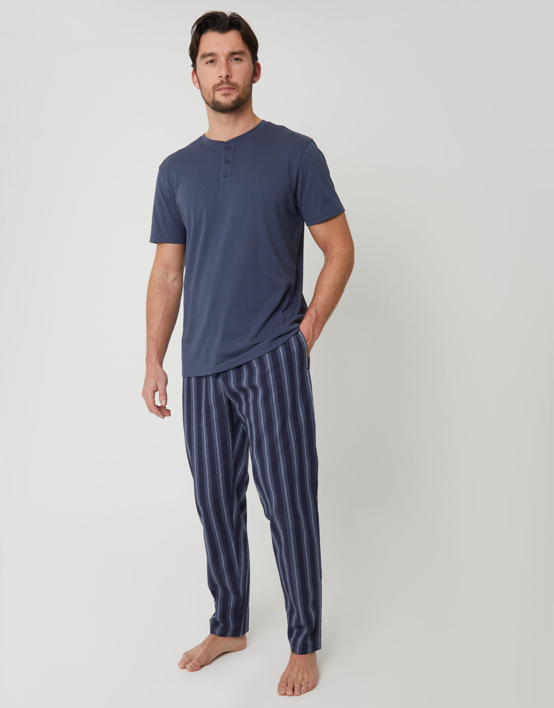 Blue Stripe Grandad Fit T-Shirt & Bottoms Pyjama Set