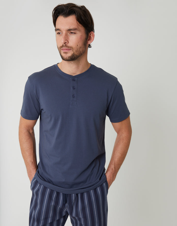 Blue Stripe Grandad Fit T-Shirt & Bottoms Pyjama Set