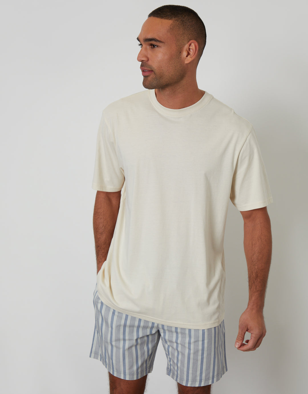 Threadbare Relaxed Fit Pyjama T-Shirt & Shorts Set in Ecru & Blue Stripe - front view