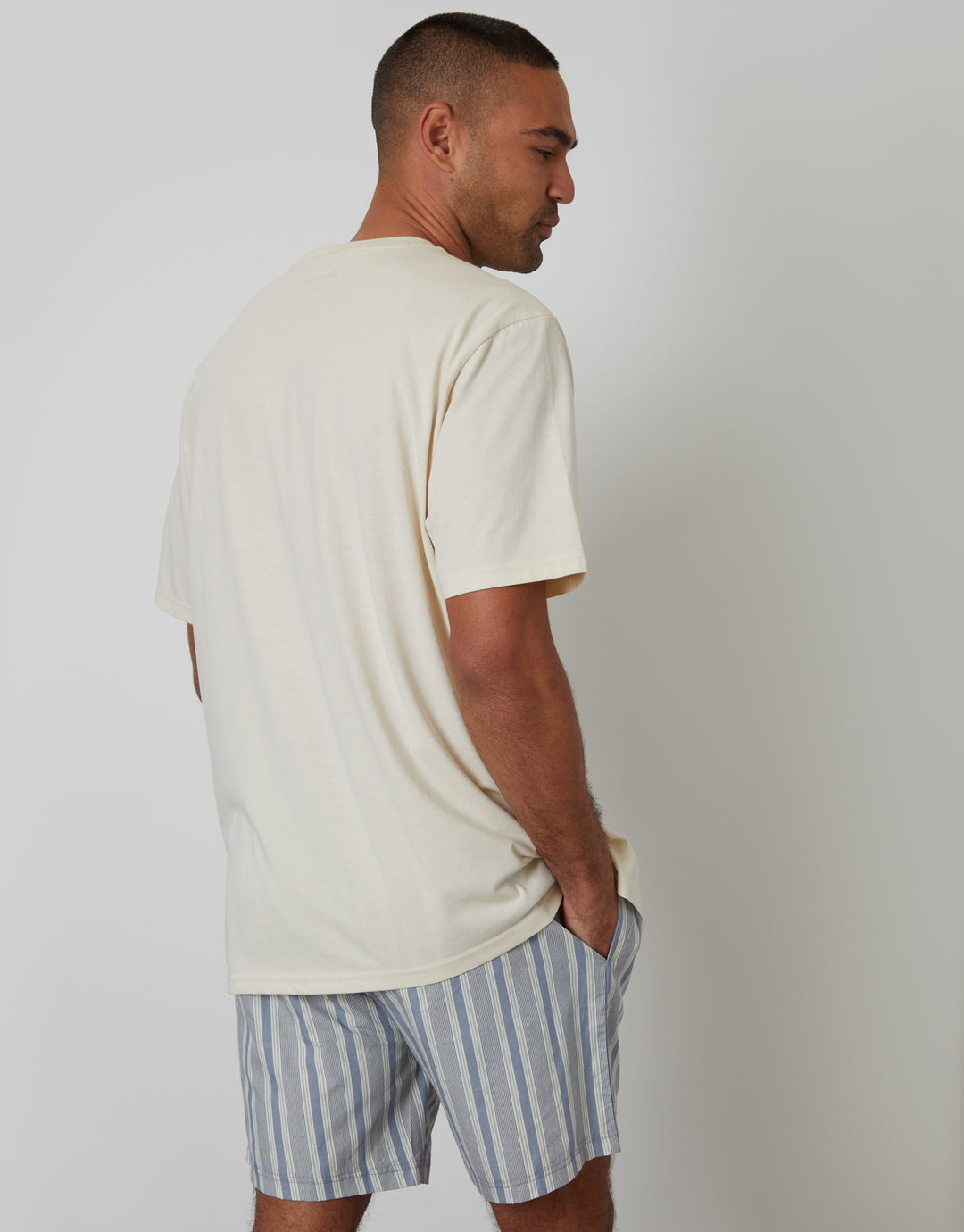 Threadbare Relaxed Fit Pyjama T-Shirt & Shorts Set in Ecru & Blue Stripe - back view