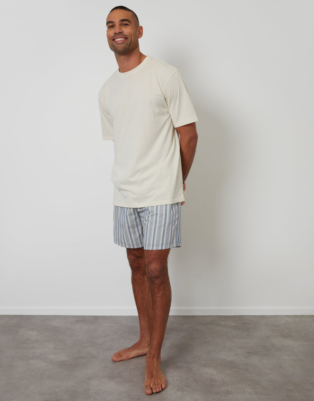 Threadbare Relaxed Fit Pyjama T-Shirt & Shorts Set in Ecru & Blue Stripe - full body