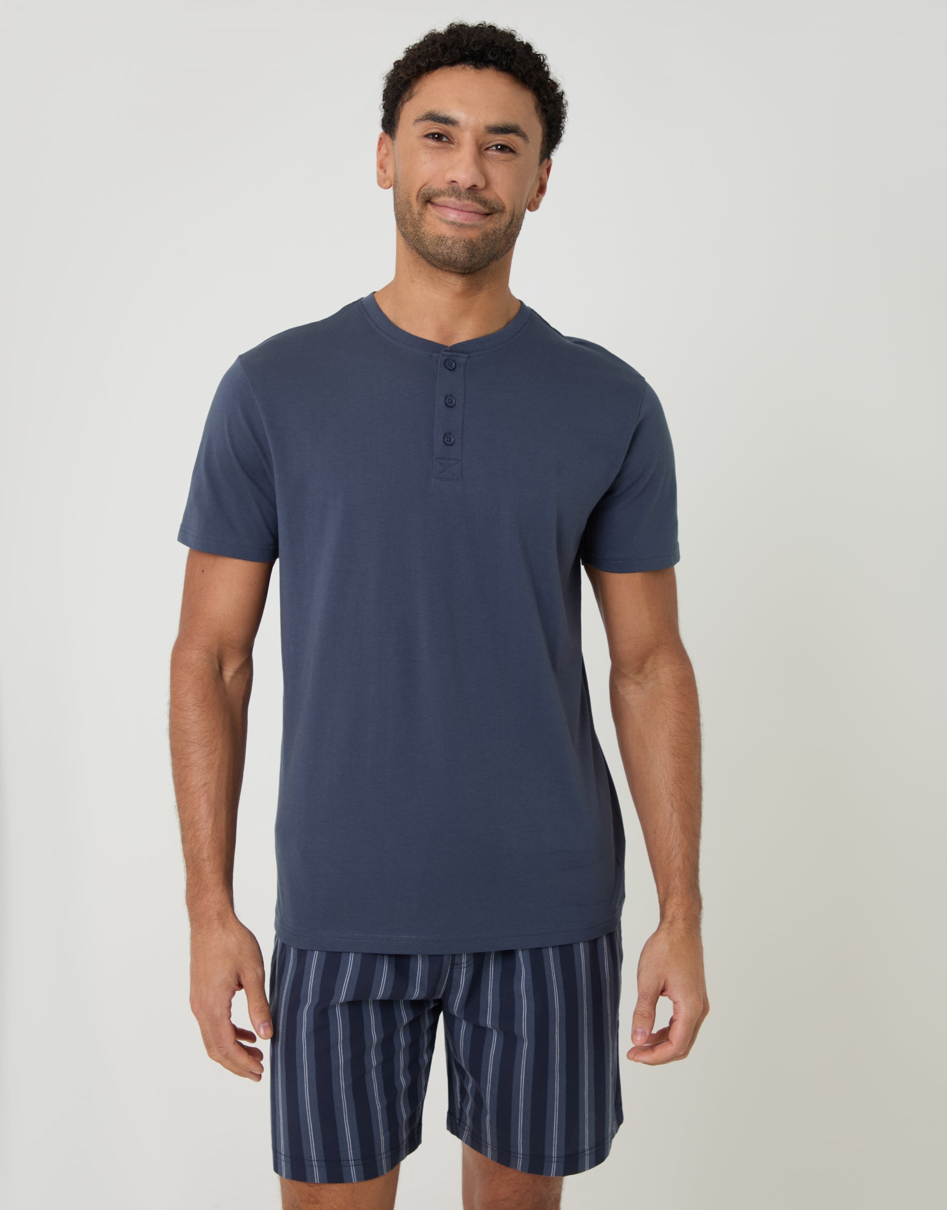 Grandad Pyjama Top & Shorts Set in Denim Blue Stripe