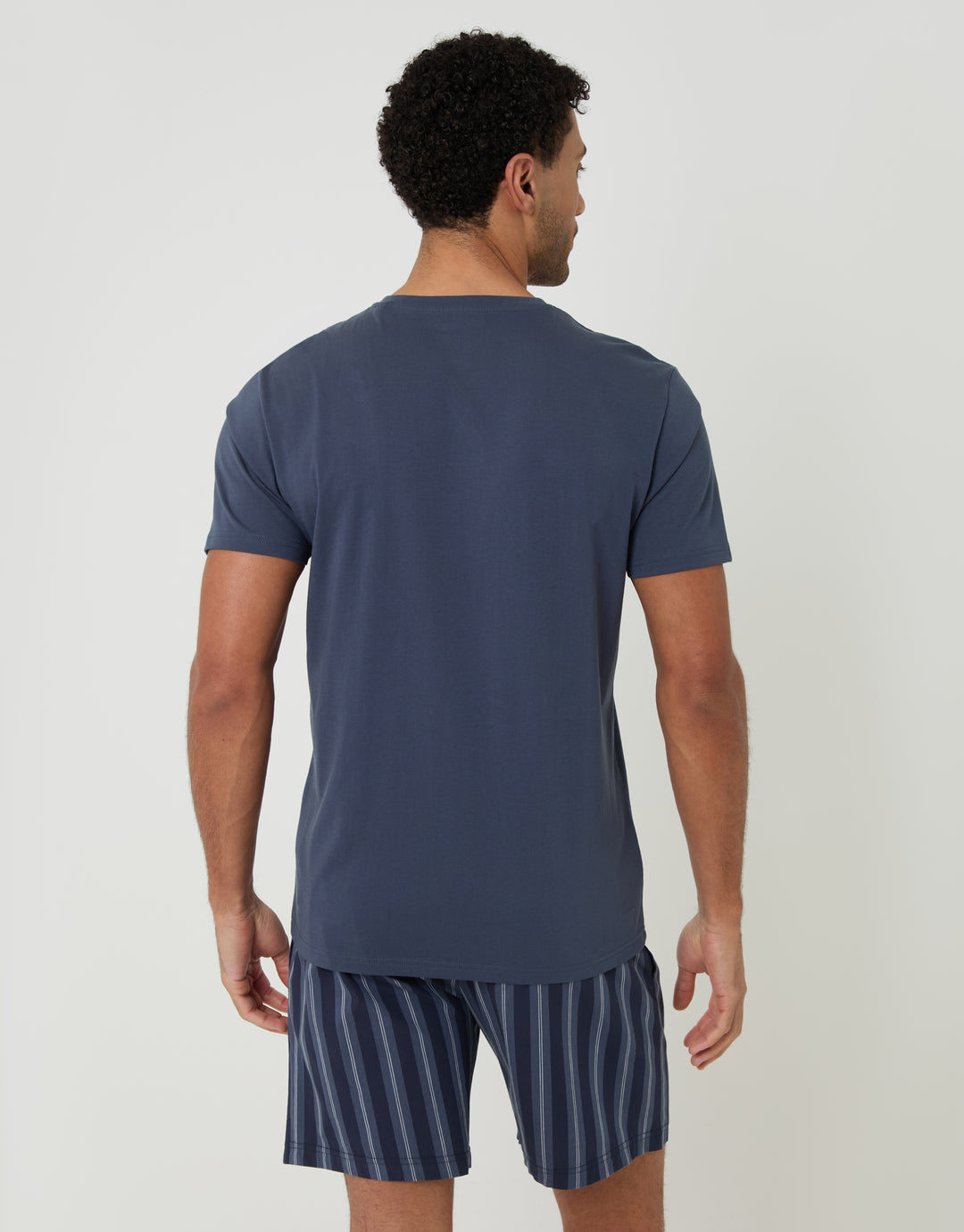 Threadbare Grandad Pyjama Top & Shorts Set in Denim Blue Stripe - back view