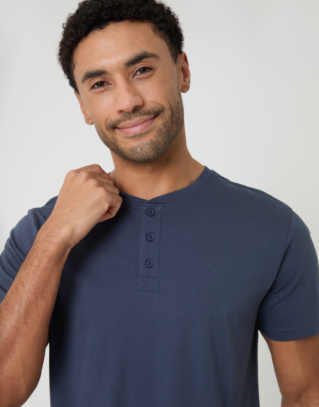 Threadbare Grandad Pyjama Top & Shorts Set in Denim Blue Stripe - collar close up