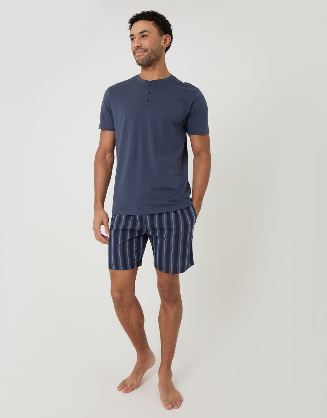 Threadbare Grandad Pyjama Top & Shorts Set in Denim Blue Stripe - full body