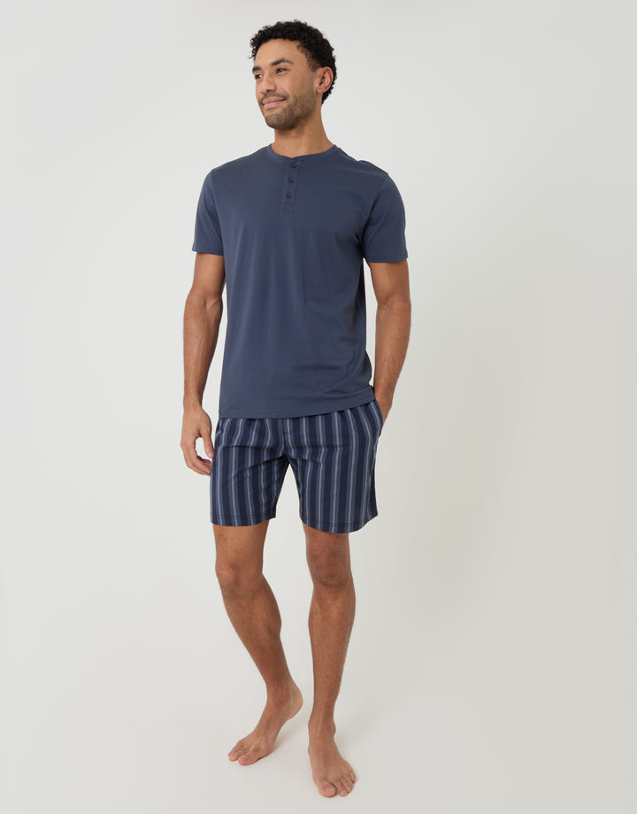 Threadbare Grandad Pyjama Top & Shorts Set in Denim Blue Stripe - full body