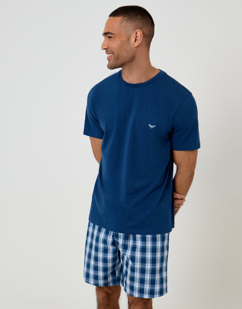 Threadbare T-Shirt & Shorts Pyjama Set in Blue Check - front view
