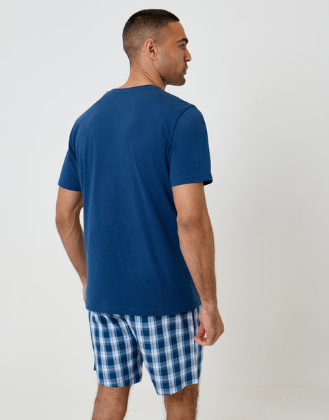 Threadbare T-Shirt & Shorts Pyjama Set in Blue Check - back view