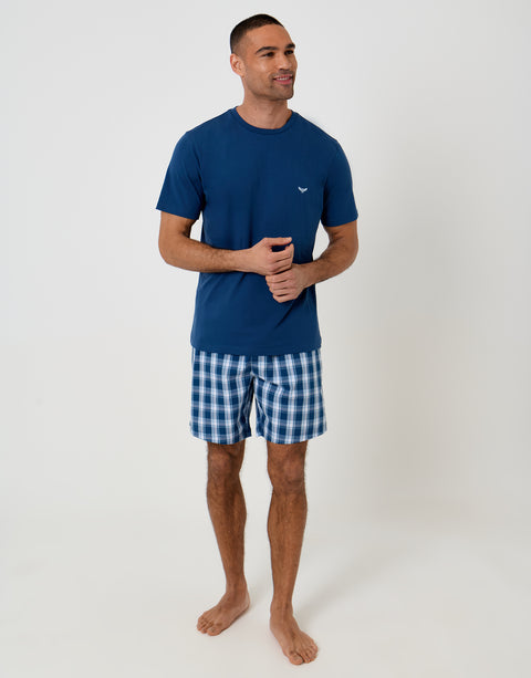 Threadbare T-Shirt & Shorts Pyjama Set in Blue Check - full body