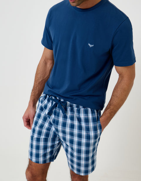 Threadbare T-Shirt & Shorts Pyjama Set in Blue Check - front view
