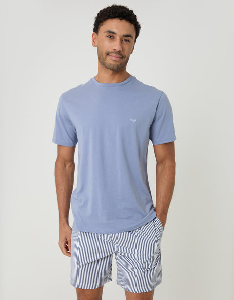 Threadbare Pyjama T-Shirt & Shorts Set in Light Blue Stripe - front view