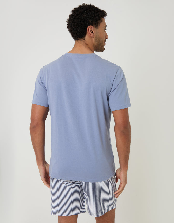 Threadbare Pyjama T-Shirt & Shorts Set in Light Blue Stripe - back view