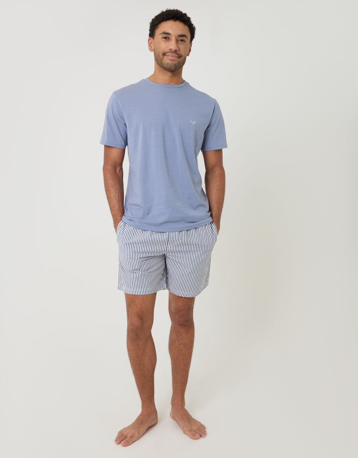 Threadbare Pyjama T-Shirt & Shorts Set in Light Blue Stripe - full body