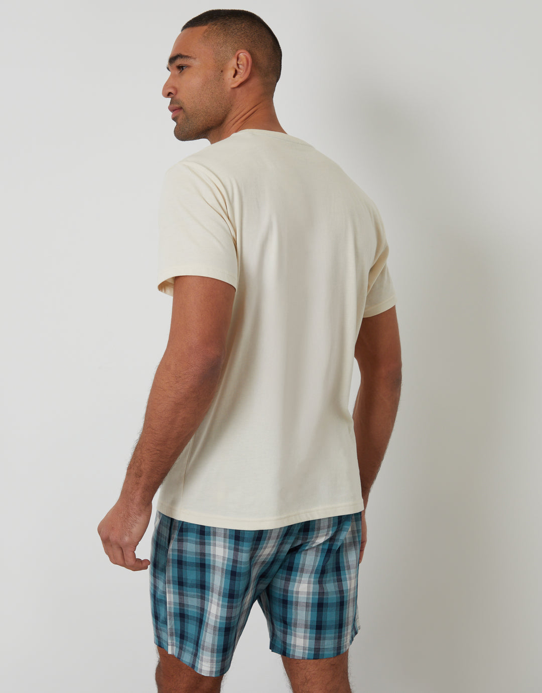 Threadbare T-Shirt & Shorts Pyjama Set in Ecru & Blue Check - back view