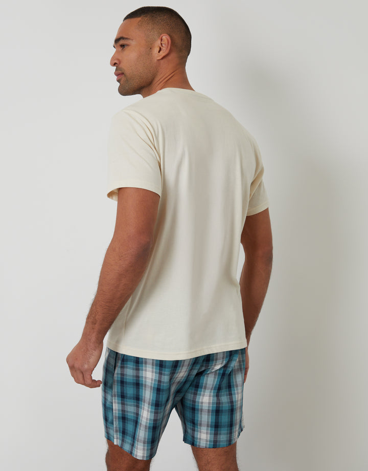 Threadbare T-Shirt & Shorts Pyjama Set in Ecru & Blue Check - back view