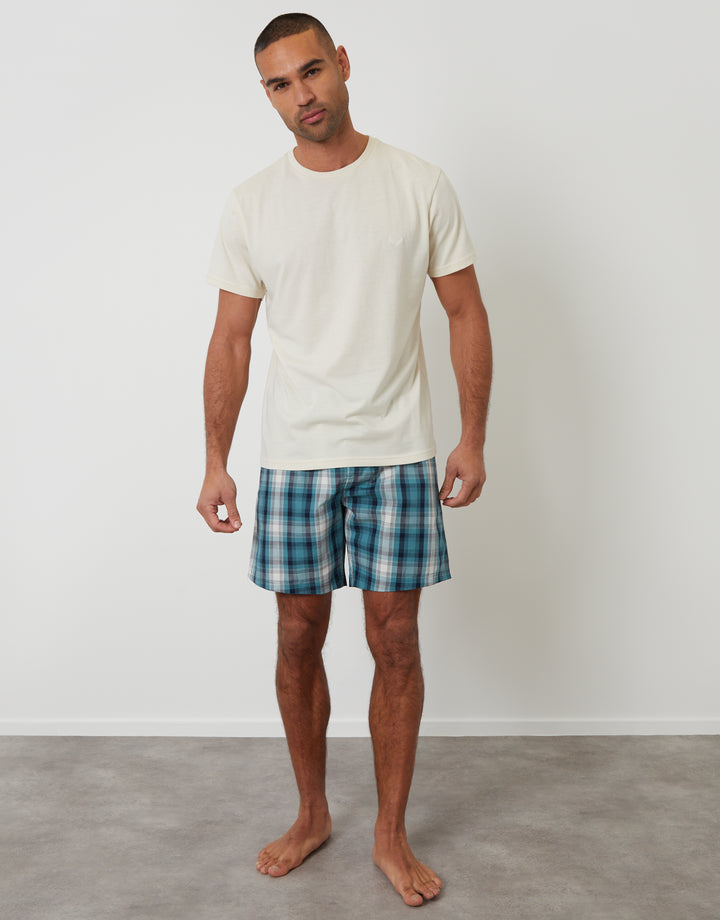 Threadbare T-Shirt & Shorts Pyjama Set in Ecru & Blue Check - full body