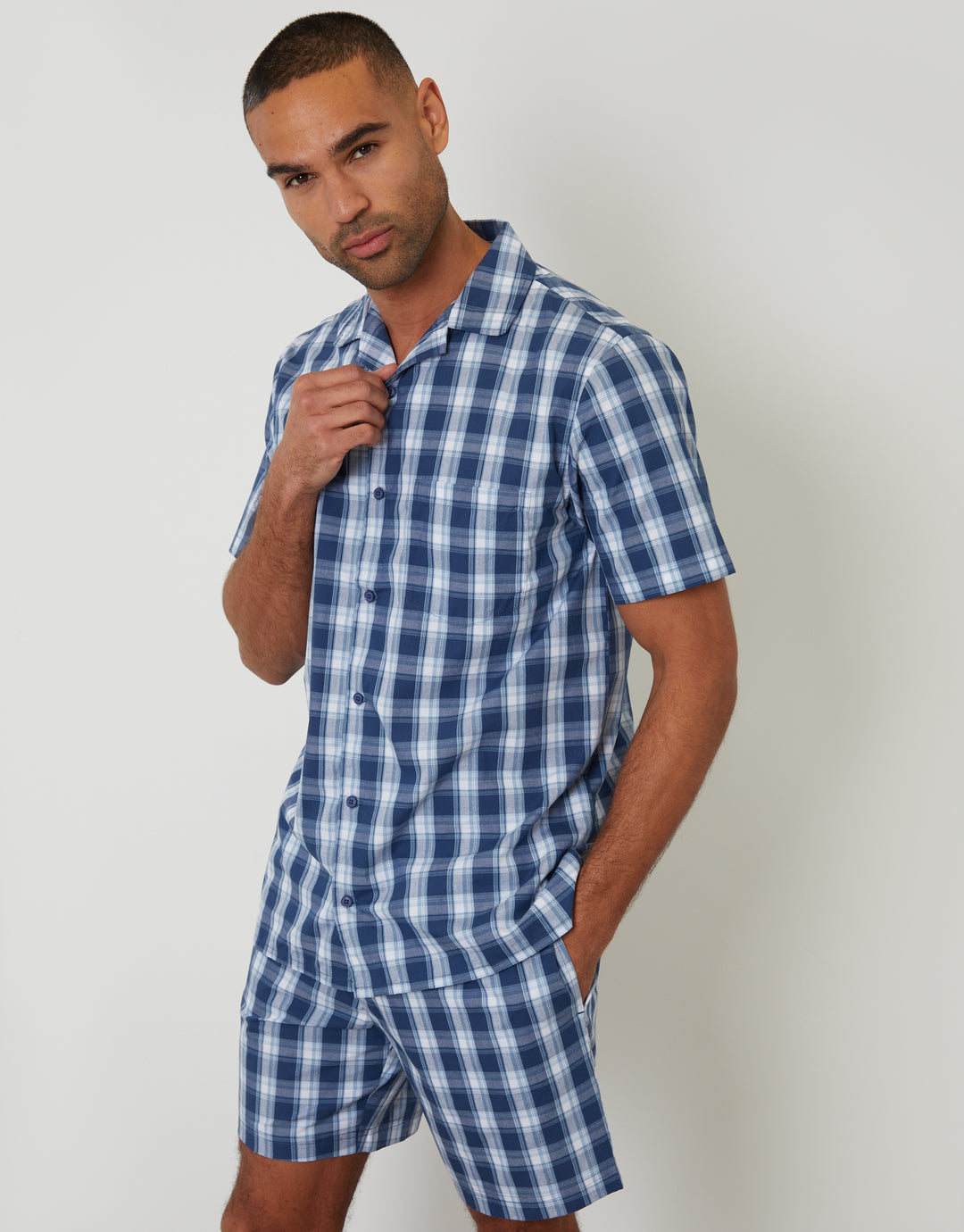 Navy Check Short Sleeve Shirt & Shorts Pyjama Set