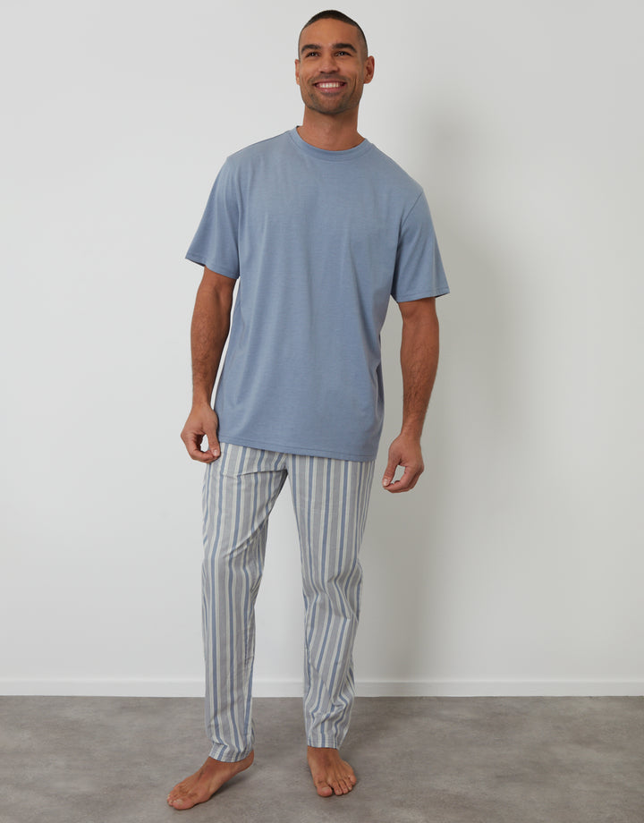 Denim Blue & Ecru Stripe T-Shirt & Bottoms Pyjama Set