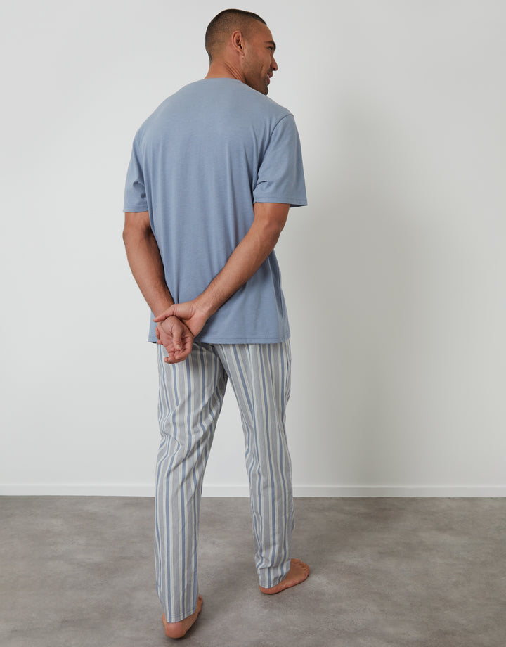 Denim Blue & Ecru Stripe T-Shirt & Bottoms Pyjama Set