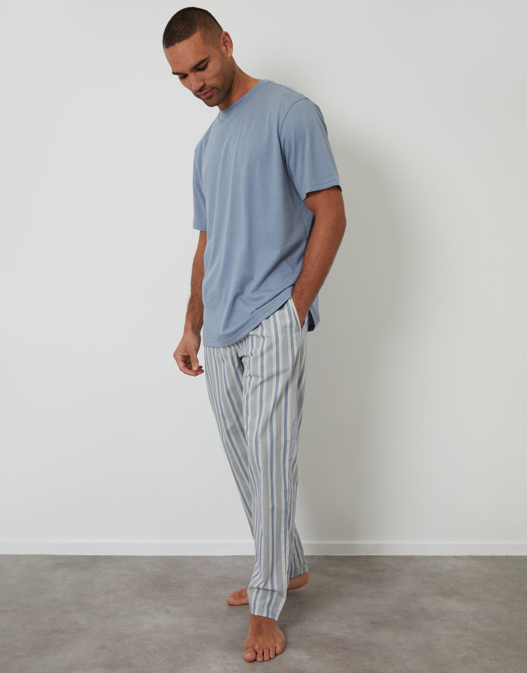 Denim Blue & Ecru Stripe T-Shirt & Bottoms Pyjama Set