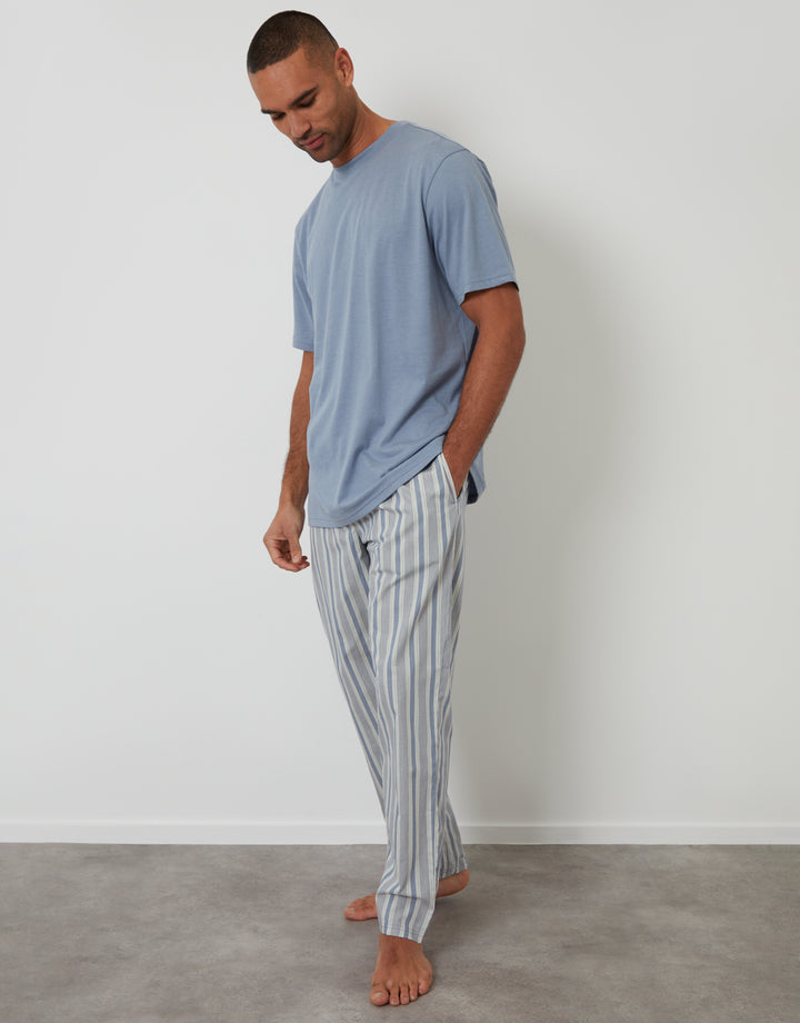Denim Blue & Ecru Stripe T-Shirt & Bottoms Pyjama Set