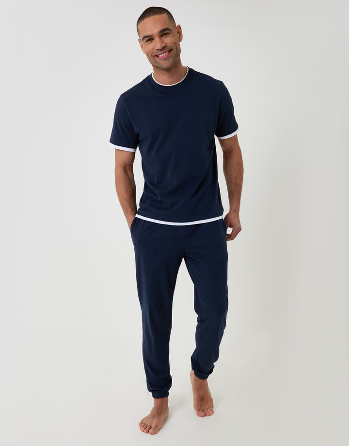 Threadbare Cotton Mock Layer Pyjama Set in Navy - front view