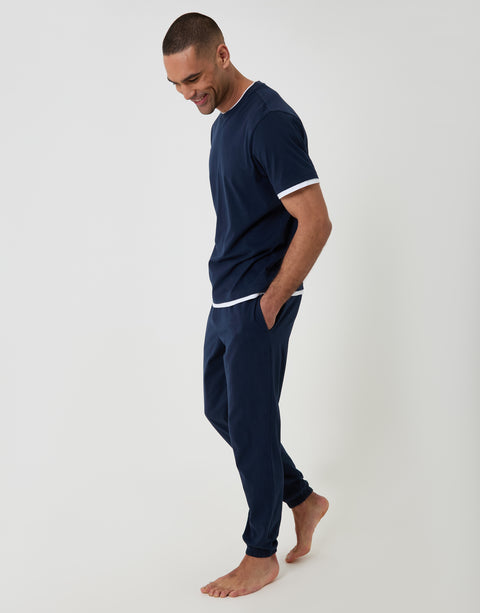 Threadbare Cotton Mock Layer Pyjama Set in Navy - full body