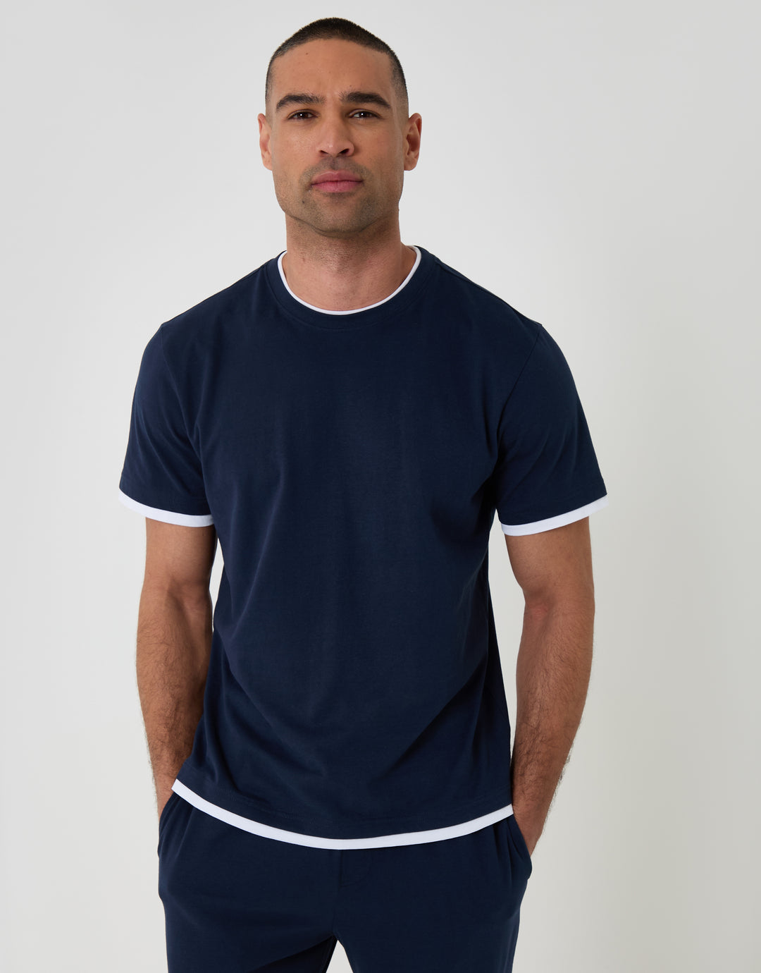 Threadbare Cotton Mock Layer Pyjama Set in Navy - close up