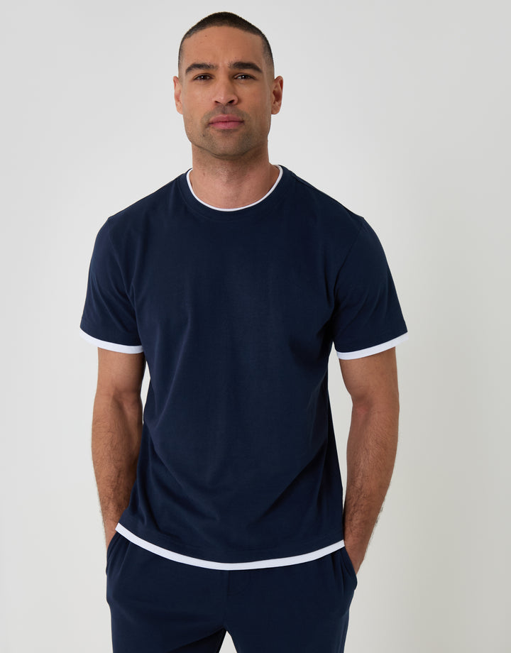 Threadbare Cotton Mock Layer Pyjama Set in Navy - close up
