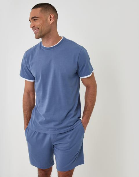 Threadbare Cotton Mock Layer Short Pyjama Set in Denim Blue - front view