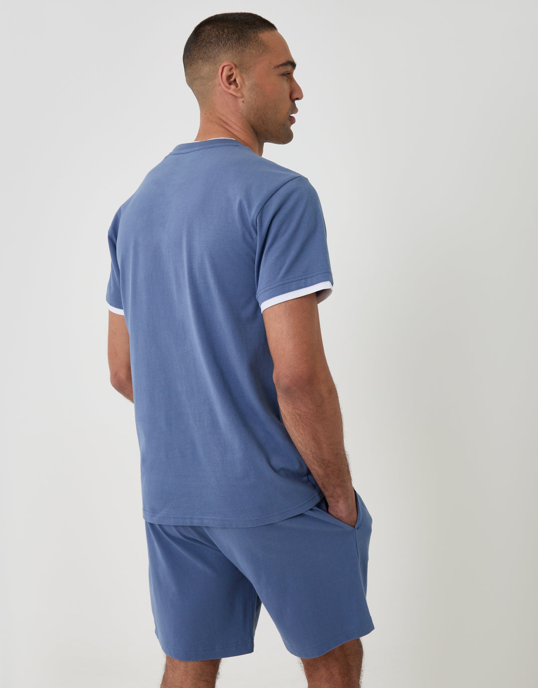 Threadbare Cotton Mock Layer Short Pyjama Set in Denim Blue - back view